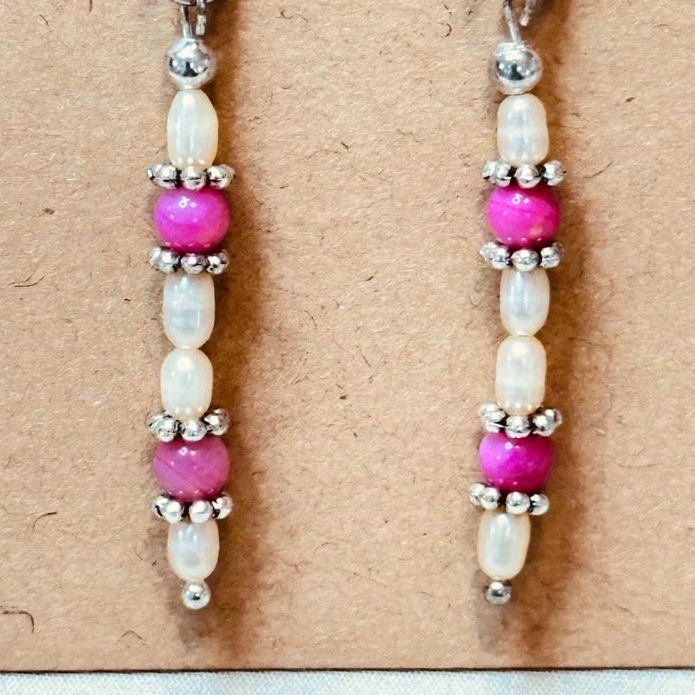 Stainless Steel Dangle Earrings Freshwater Pearls & Crackle Quartz Hand Made - Picture 5 of 11